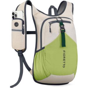 FIORETTO 15L Hiking Backpack for Women Men Mini Packable Backpack Lightweight Small Daypack for Camping Travel Outdoor, Beige(Beige and Green)