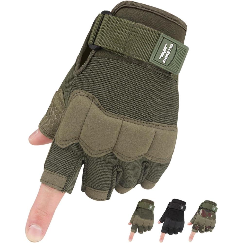 imageFIORETTO Fingerless Gloves Half Finger Gloves for Driving Cycling Shooting Hunting Motorcycle Climbing Outdoor Work 215801Green