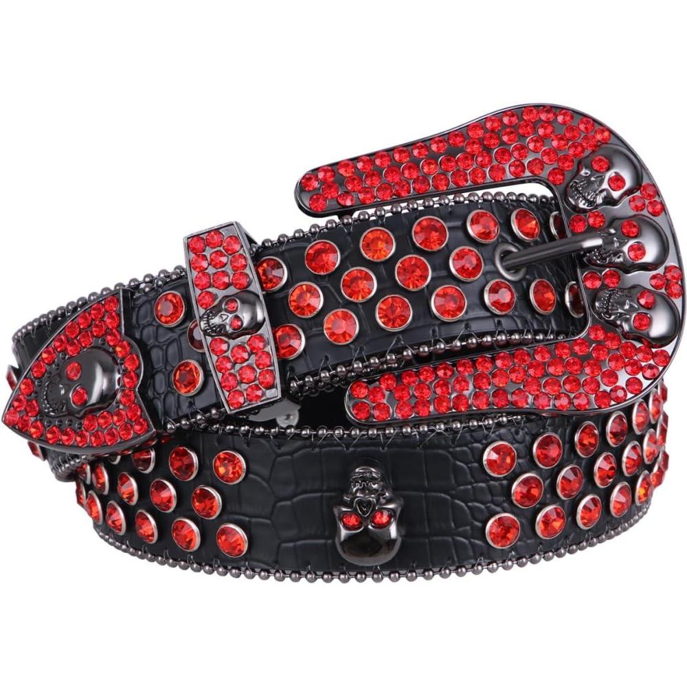 imageFIORETTO Men Women Rhinestone Belt Bling Western Studded Leather Belt Shining Diamond Cowgirl Cowboy Waist Belt for Jeans04 Skullred