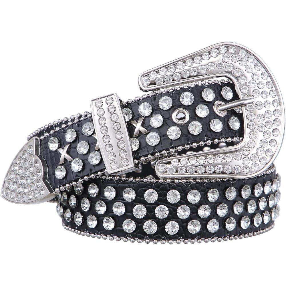 imageFIORETTO Men Women Rhinestone Belt Bling Western Studded Leather Belt Shining Diamond Cowgirl Cowboy Waist Belt for Jeans06 Studdedblack