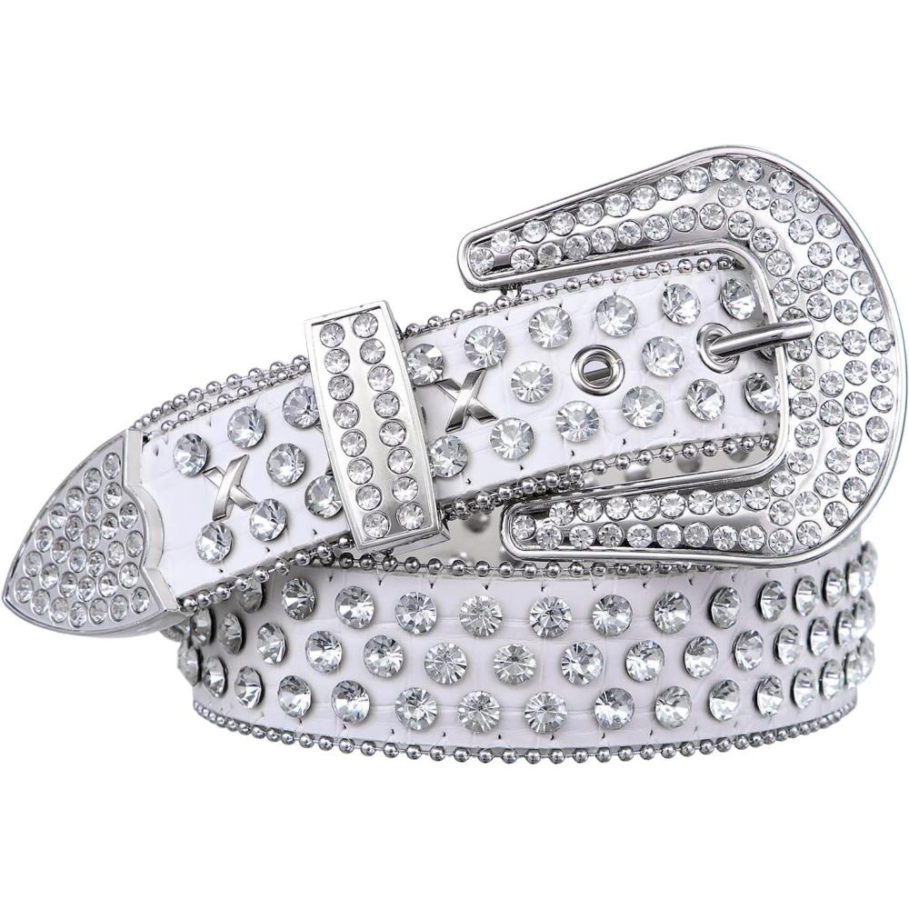 imageFIORETTO Men Women Rhinestone Belt Bling Western Studded Leather Belt Shining Diamond Cowgirl Cowboy Waist Belt for Jeans06 Studdedwhite