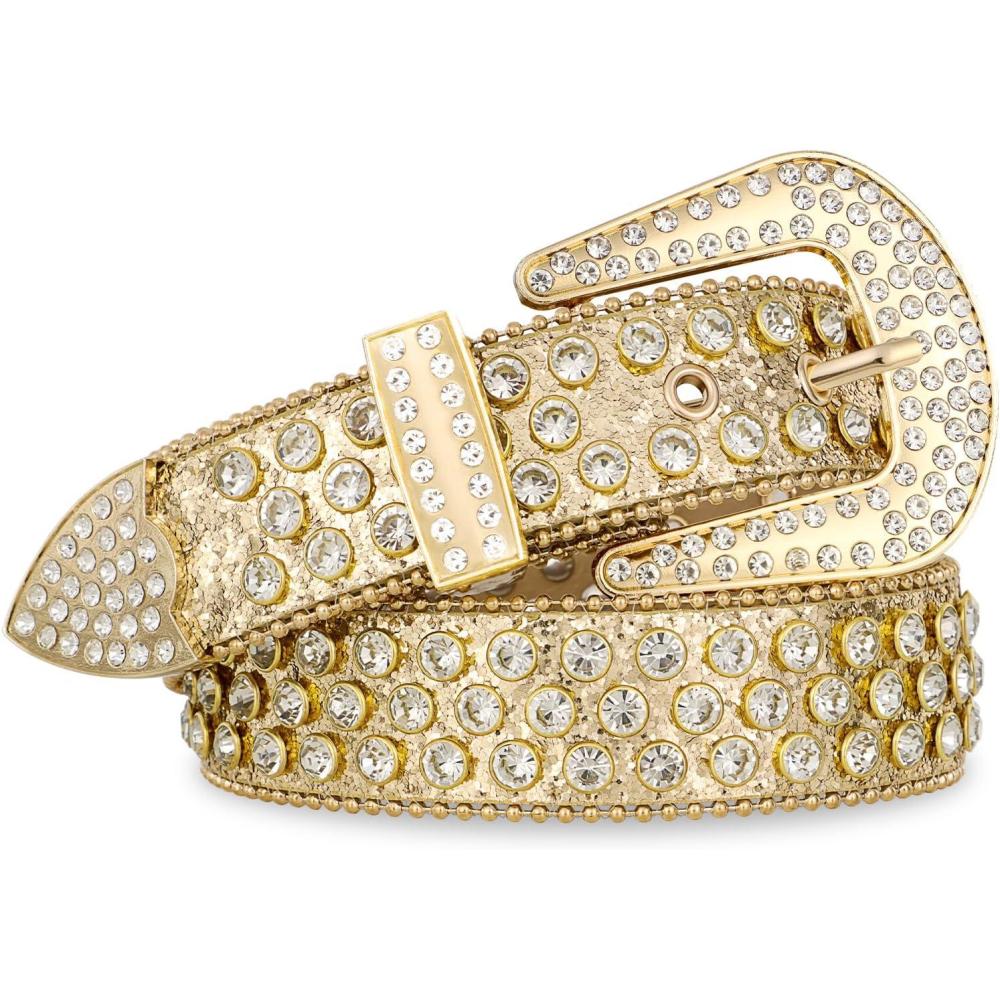 imageFIORETTO Men Women Rhinestone Belt Bling Western Studded Leather Belt Shining Diamond Cowgirl Cowboy Waist Belt for Jeans07 Shineall Gold
