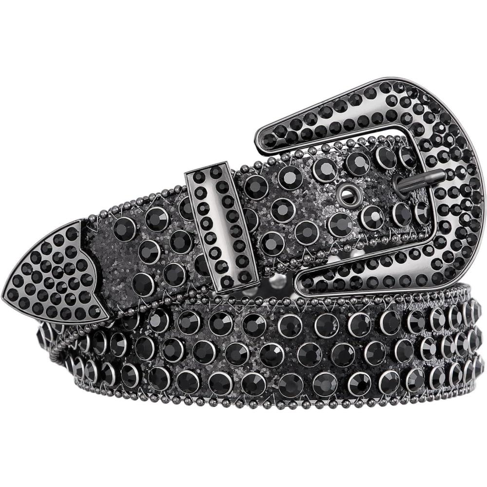 imageFIORETTO Men Women Rhinestone Belt Bling Western Studded Leather Belt Shining Diamond Cowgirl Cowboy Waist Belt for Jeans07 Shineblack