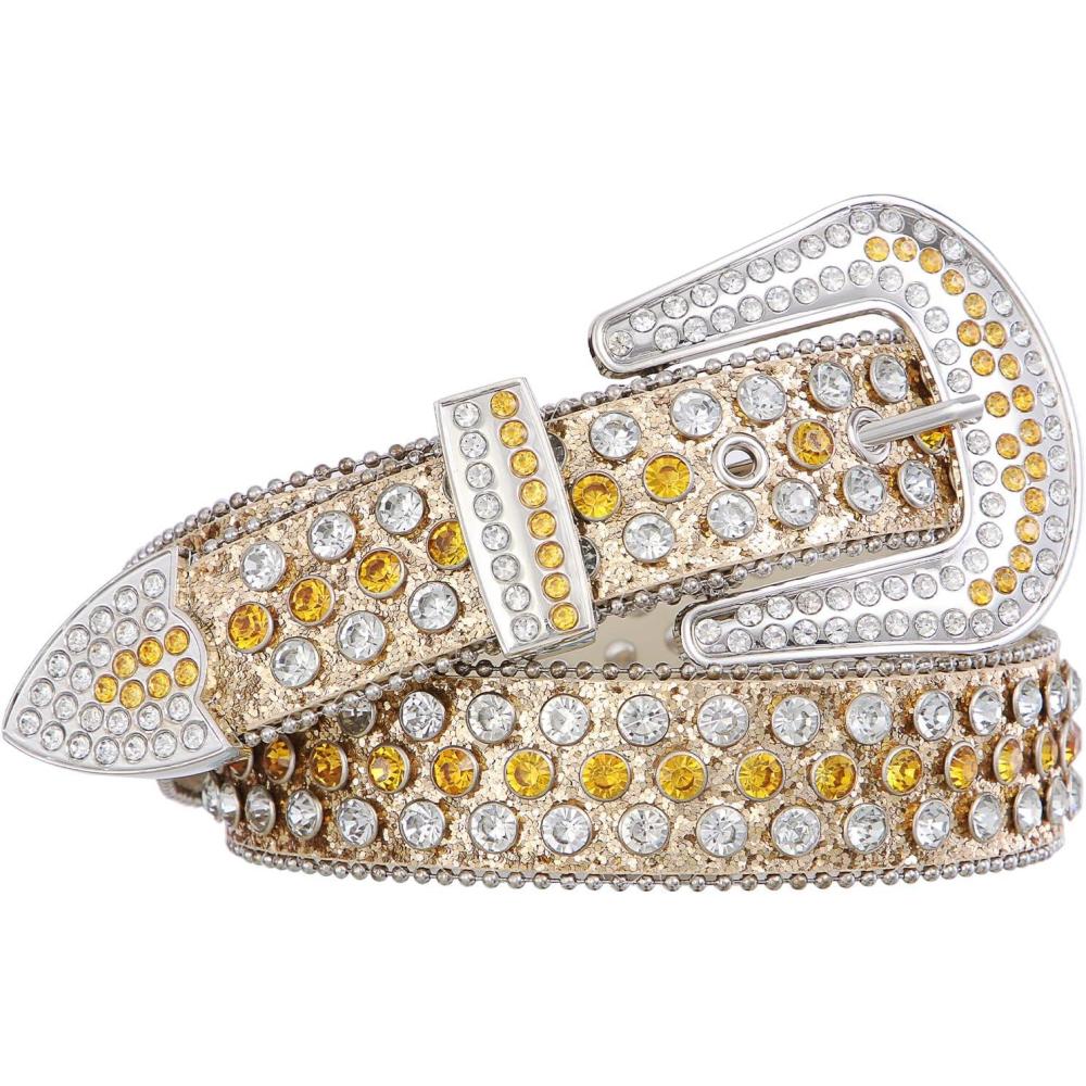 imageFIORETTO Men Women Rhinestone Belt Bling Western Studded Leather Belt Shining Diamond Cowgirl Cowboy Waist Belt for Jeans07 Shinegold