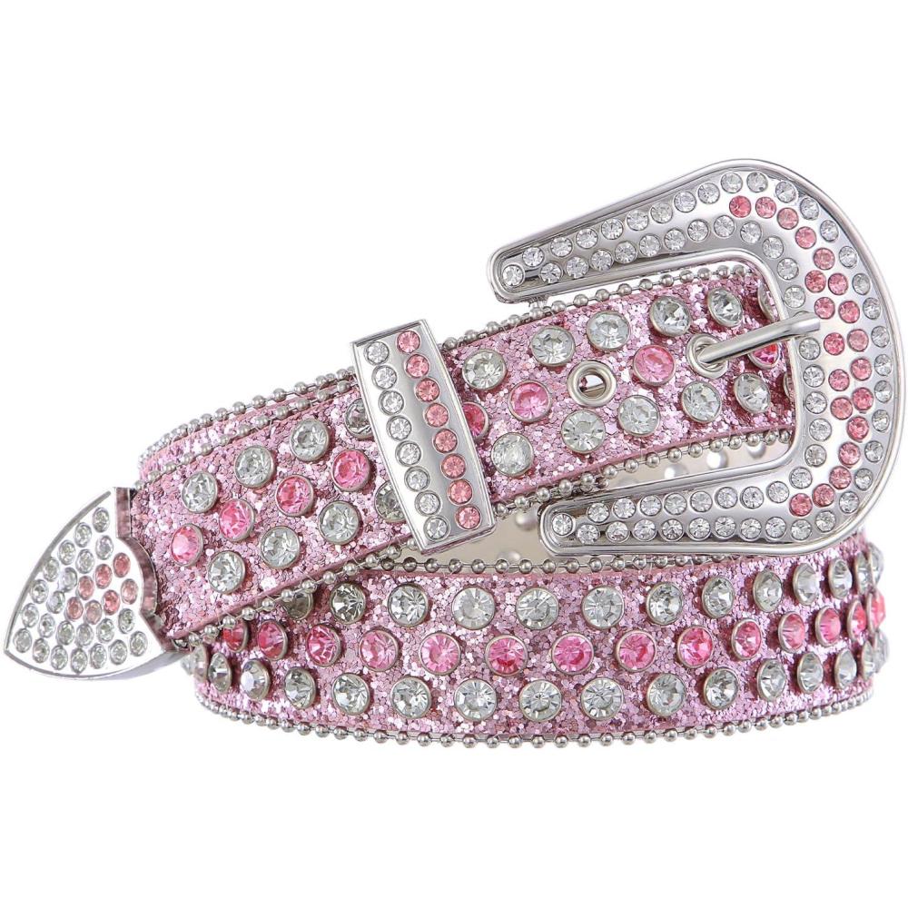 imageFIORETTO Men Women Rhinestone Belt Bling Western Studded Leather Belt Shining Diamond Cowgirl Cowboy Waist Belt for Jeans07 Shinepink