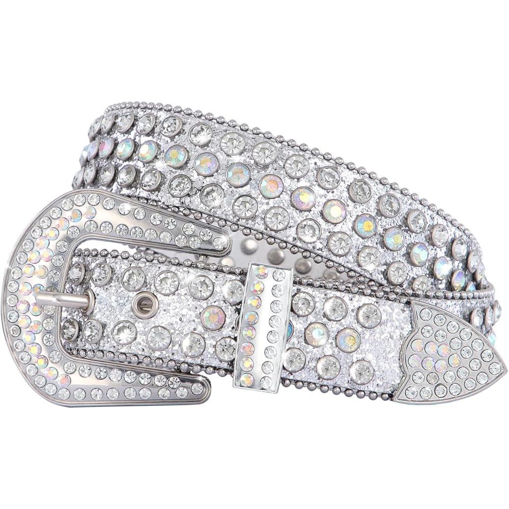 imageFIORETTO Men Women Rhinestone Belt Bling Western Studded Leather Belt Shining Diamond Cowgirl Cowboy Waist Belt for Jeans07 Shinesilver