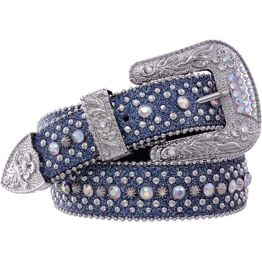 imageFIORETTO Men Women Rhinestone Belt Bling Western Studded Leather Belt Shining Diamond Waist Belt for Cowgirl Cowboy Jeans05 Shineblue