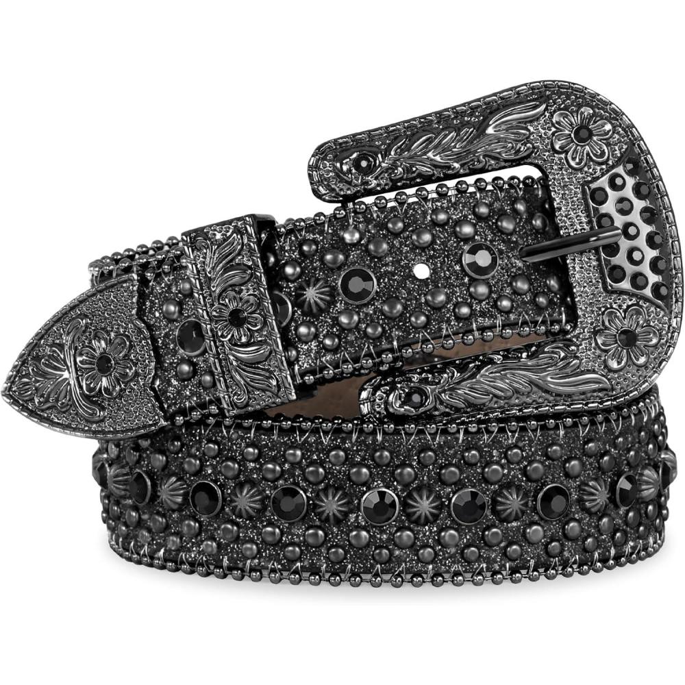 imageFIORETTO Men Women Rhinestone Belt Bling Western Studded Leather Belt Shining Diamond Waist Belt for Cowgirl Cowboy Jeans05 Shinefull Black