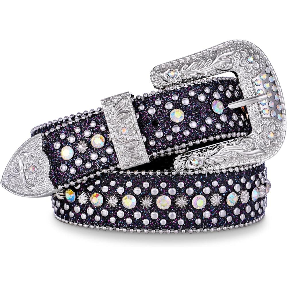 imageFIORETTO Men Women Rhinestone Belt Bling Western Studded Leather Belt Shining Diamond Waist Belt for Cowgirl Cowboy JeansBlackpurple Glitter Includes