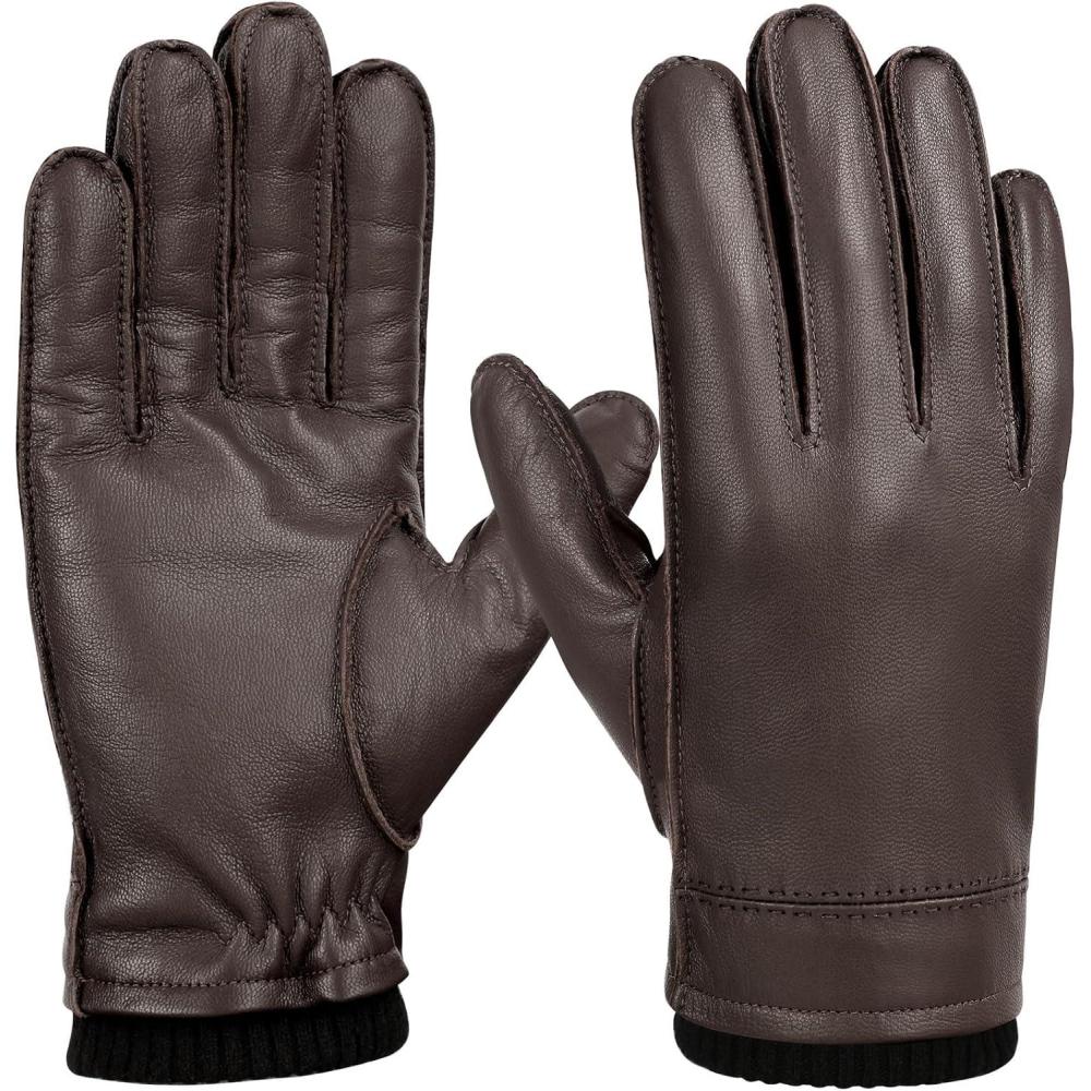 imageFIORETTO Mens Chrome free Leather Driving Gloves Touchscreen Warm Cashmere Wool Lined Sheepskin Winter Gloves M24002Brown