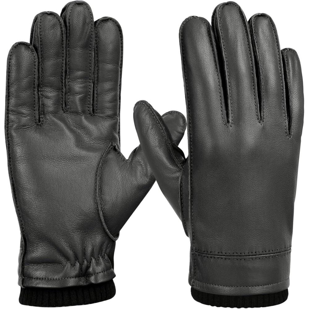 imageFIORETTO Mens Chrome free Leather Driving Gloves Touchscreen Warm Cashmere Wool Lined Sheepskin Winter Gloves M24002Celadon Green