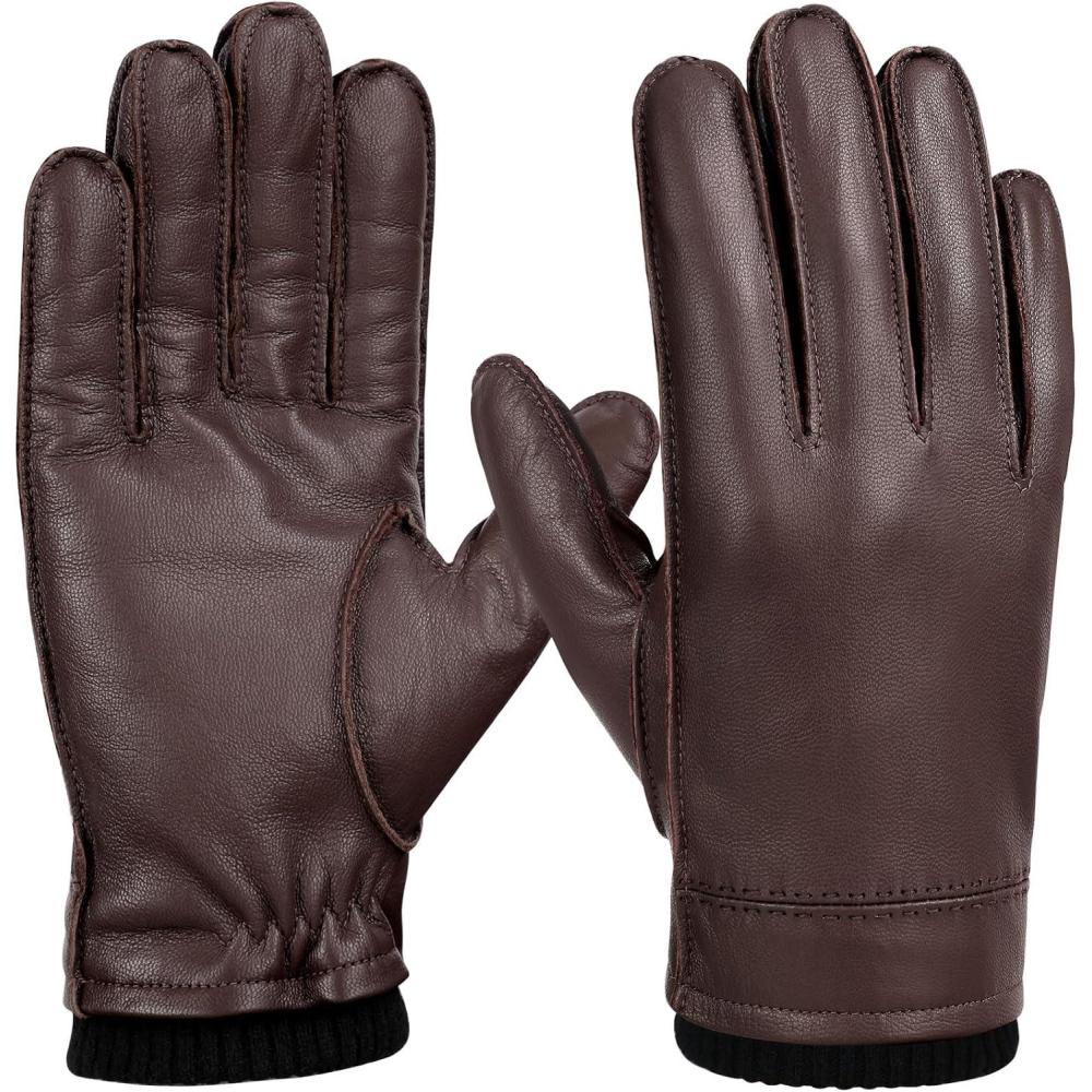 imageFIORETTO Mens Chrome free Leather Driving Gloves Touchscreen Warm Cashmere Wool Lined Sheepskin Winter Gloves M24002Chestnut Brown