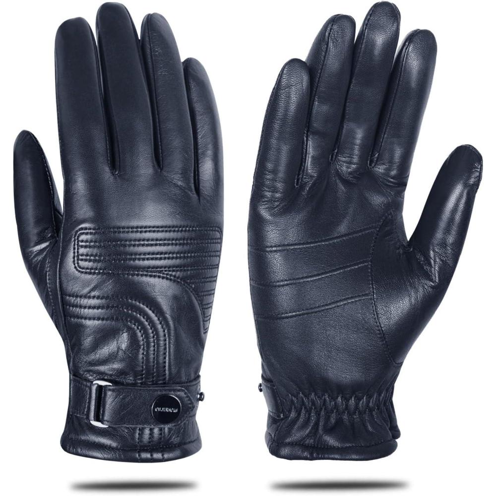 imageFIORETTO Mens ChromeFree Leather Driving Gloves Warm Cashmere Lined Touchscreen Winter Gloves M200814Navy Blue