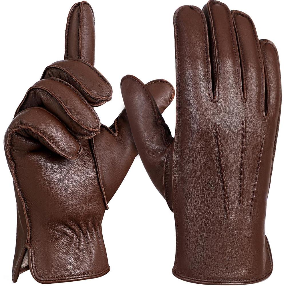 imageFIORETTO Mens ChromeFree Leather Gloves Winter  Touchscreen Driving Gloves with Warm Wool Lining M24001Brown