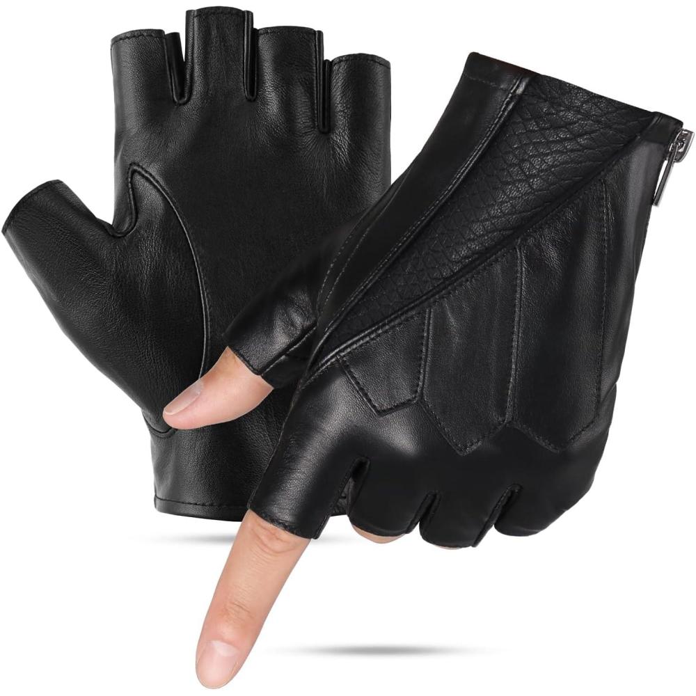 imageFIORETTO Mens Fingerless Leather Driving Gloves  Genuine Sheepskin Half Finger Motorcycle Gloves Unlined 16515All Black