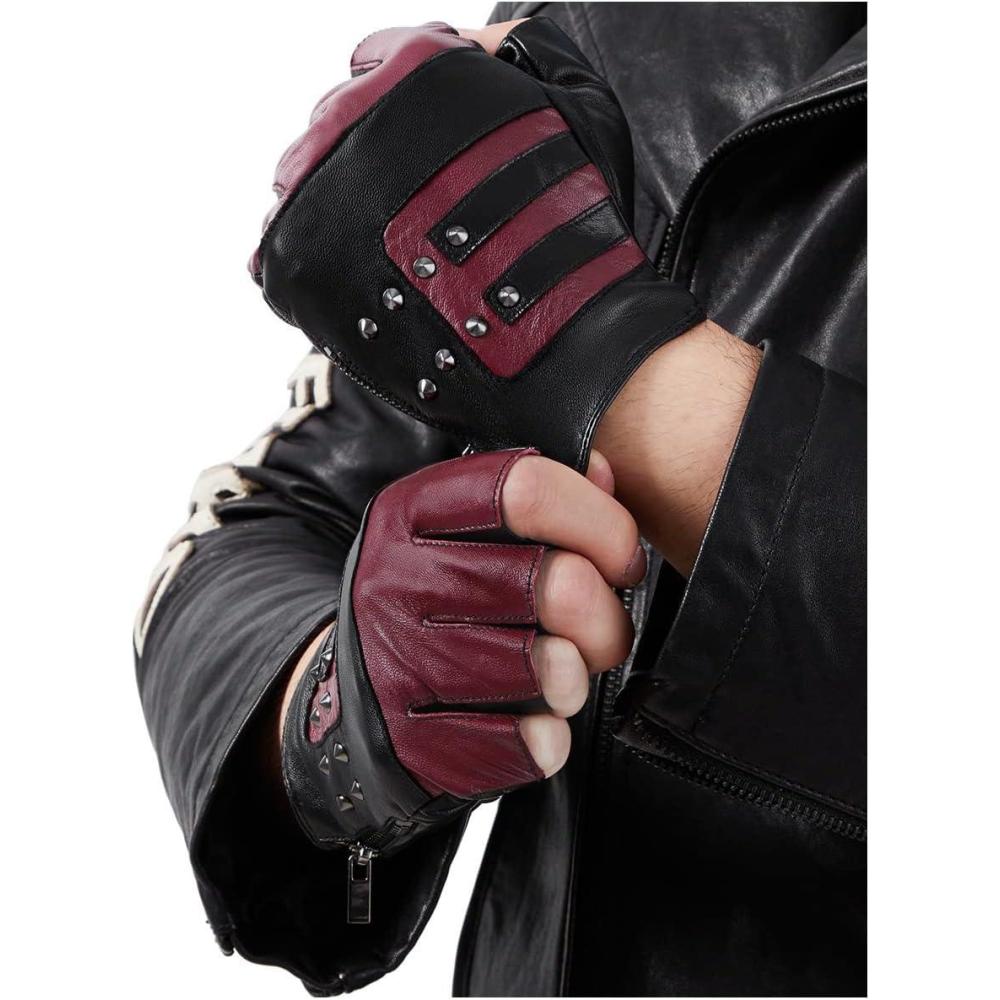 imageFIORETTO Mens Genuine Leather Fingerless Gloves Unlined Half Finger Punk Gloves for Driving Cycling Motorcycle M200801Blackburgundy