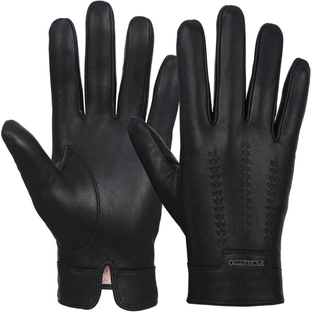 imageFIORETTO Mens Winter Genuine Leather Gloves Cashmere and Wool Lined Warm Touchscreen Leather Driving Gloves M180807Black