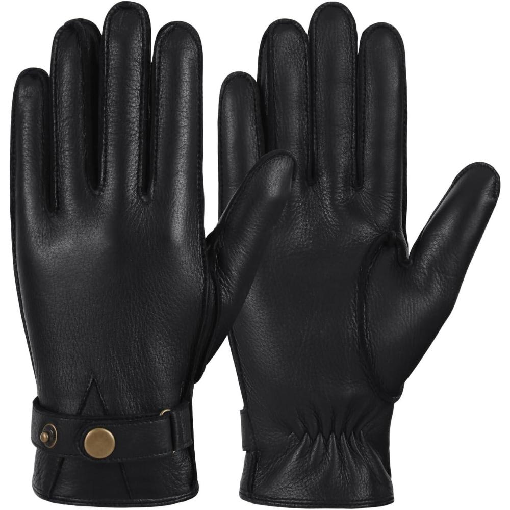 imageFIORETTO Mens Winter Genuine Leather Gloves Cashmere and Wool Lined Warm Touchscreen Leather Driving Gloves M180807Blackdeerskin