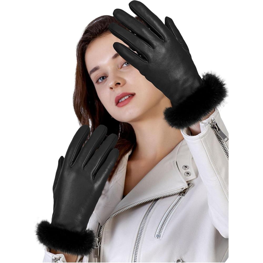 imageFIORETTO Womens ChromeFree Genuine Leather Gloves with Fur Cuff Touchscreen Winter Warm Driving Gloves Cashmere Lined 21020Black
