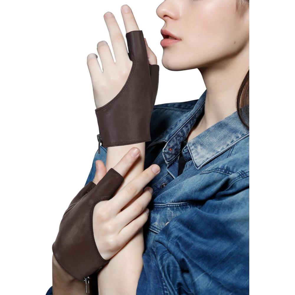 imageFIORETTO Womens Fingerless Leather Gloves Unlined Leather Driving Gloves Dancing Performance Punk Half Finger Gloves 160005Brown