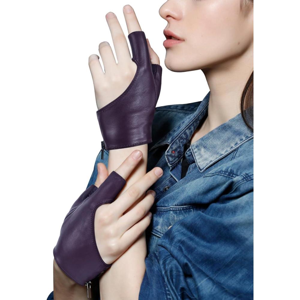 imageFIORETTO Womens Fingerless Leather Gloves Unlined Leather Driving Gloves Dancing Performance Punk Half Finger Gloves 160005Purple