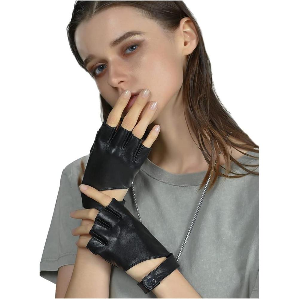 imageFIORETTO Womens Fingerless Leather Gloves for Driving Motorcycle Unlined Half Finger Gloves 200420Black
