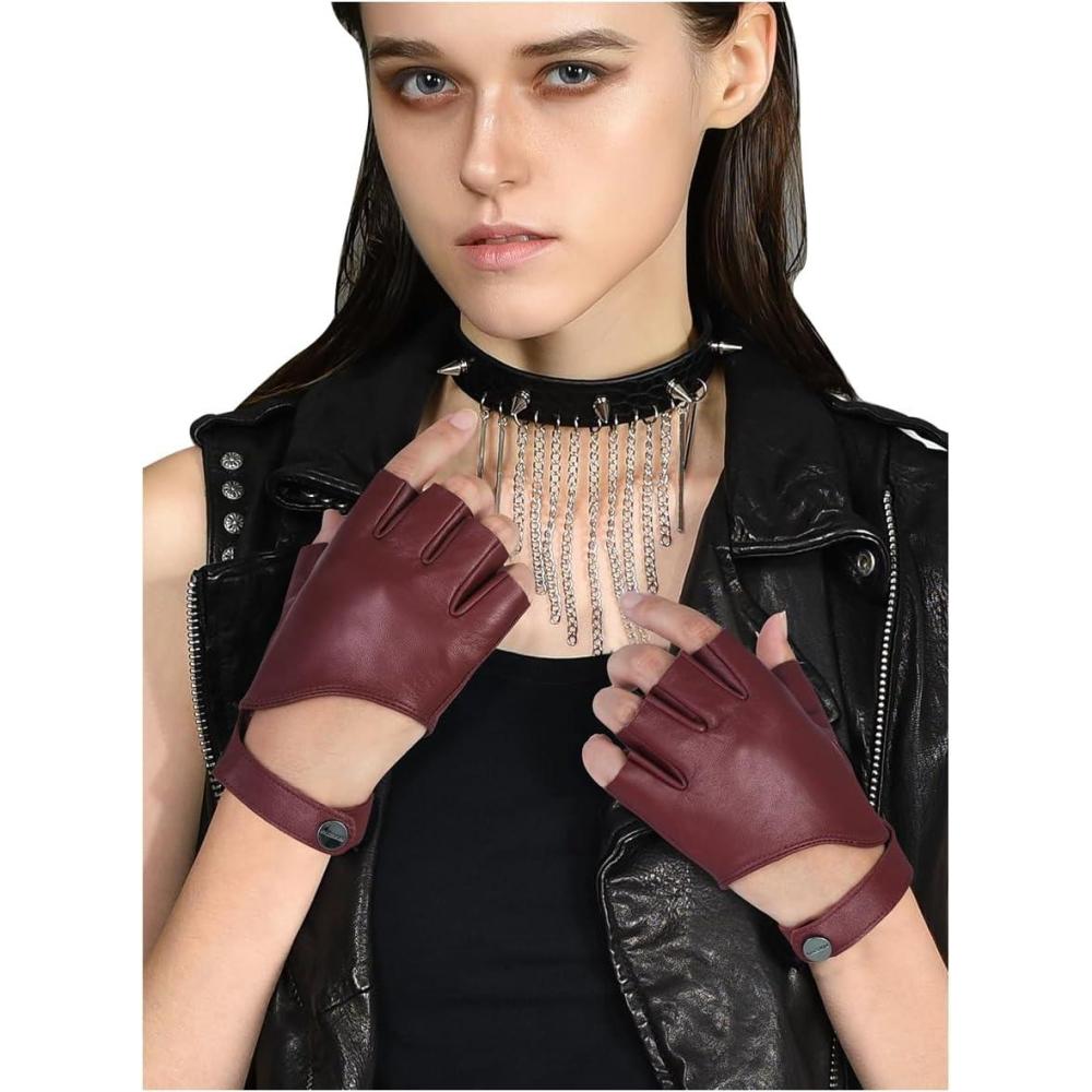 imageFIORETTO Womens Fingerless Leather Gloves for Driving Motorcycle Unlined Half Finger Gloves 200420Wine Red