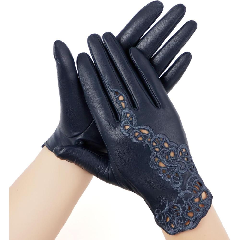 imageFIORETTO Womens Genuine Leather Driving Gloves Touchscreen Unlined Sheepskin Ladies Driving Gloves Thin W160020Navy Bluetouchscreen
