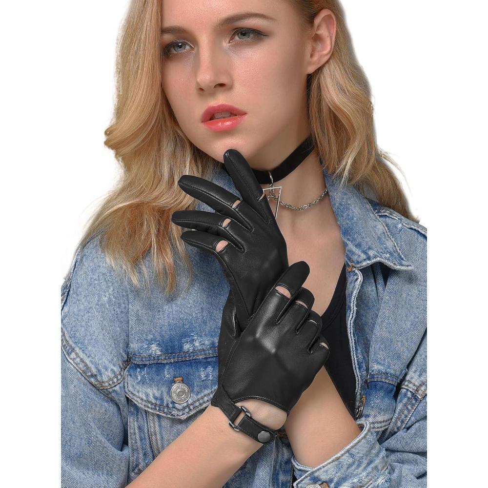imageFIORETTO Womens Genuine Leather Driving Gloves Unlined Touchscreen Sheepskin Gloves Thin for Ladies W190415Black