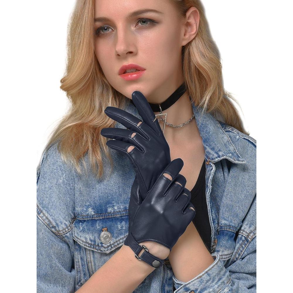 imageFIORETTO Womens Genuine Leather Driving Gloves Unlined Touchscreen Sheepskin Gloves Thin for Ladies W190415Navy Blue