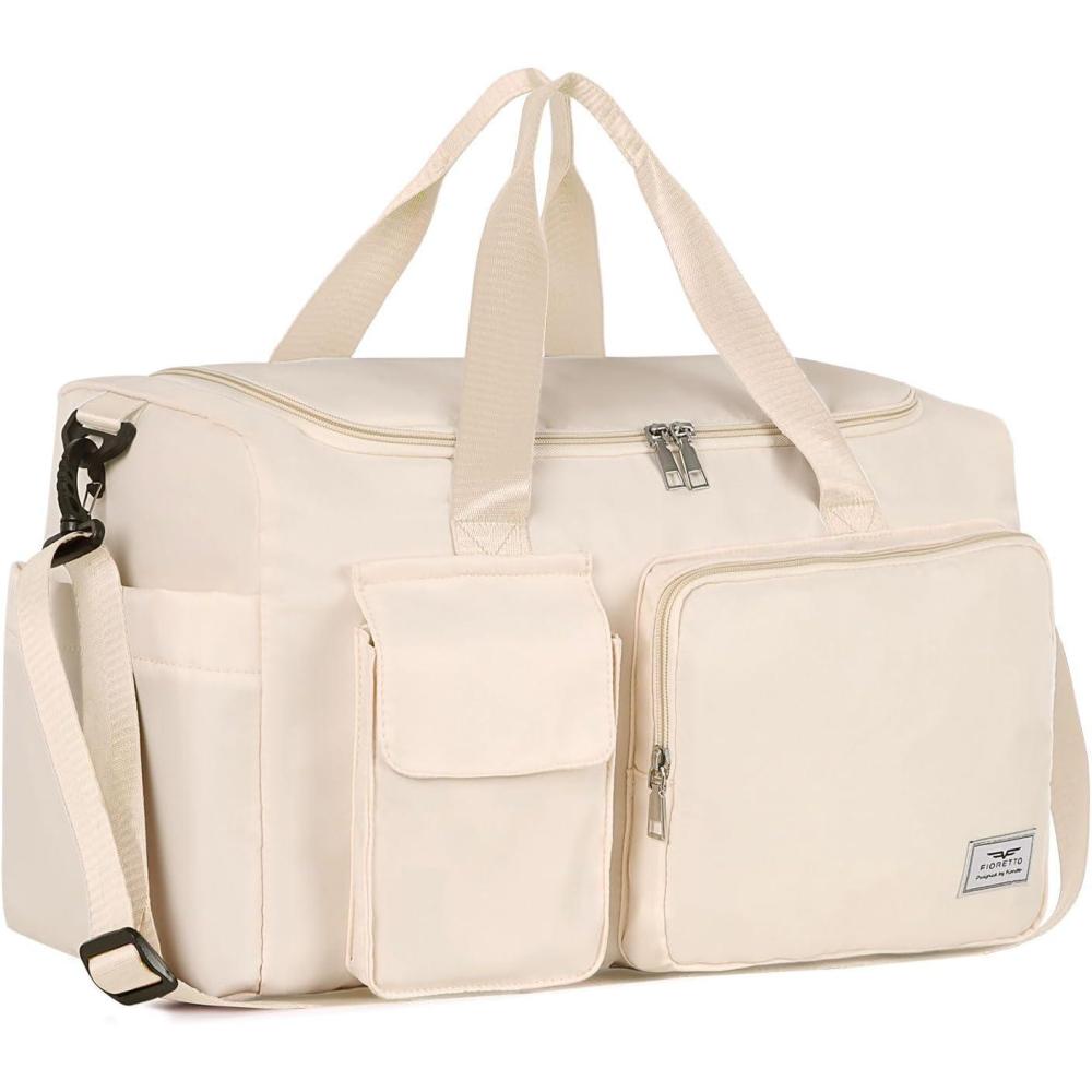 imageFIORETTO Womens Gym Duffle Bag with Shoes Compartment 37L Capacity Ideal for Travel Gym Sports Duffel WeekenderBeige