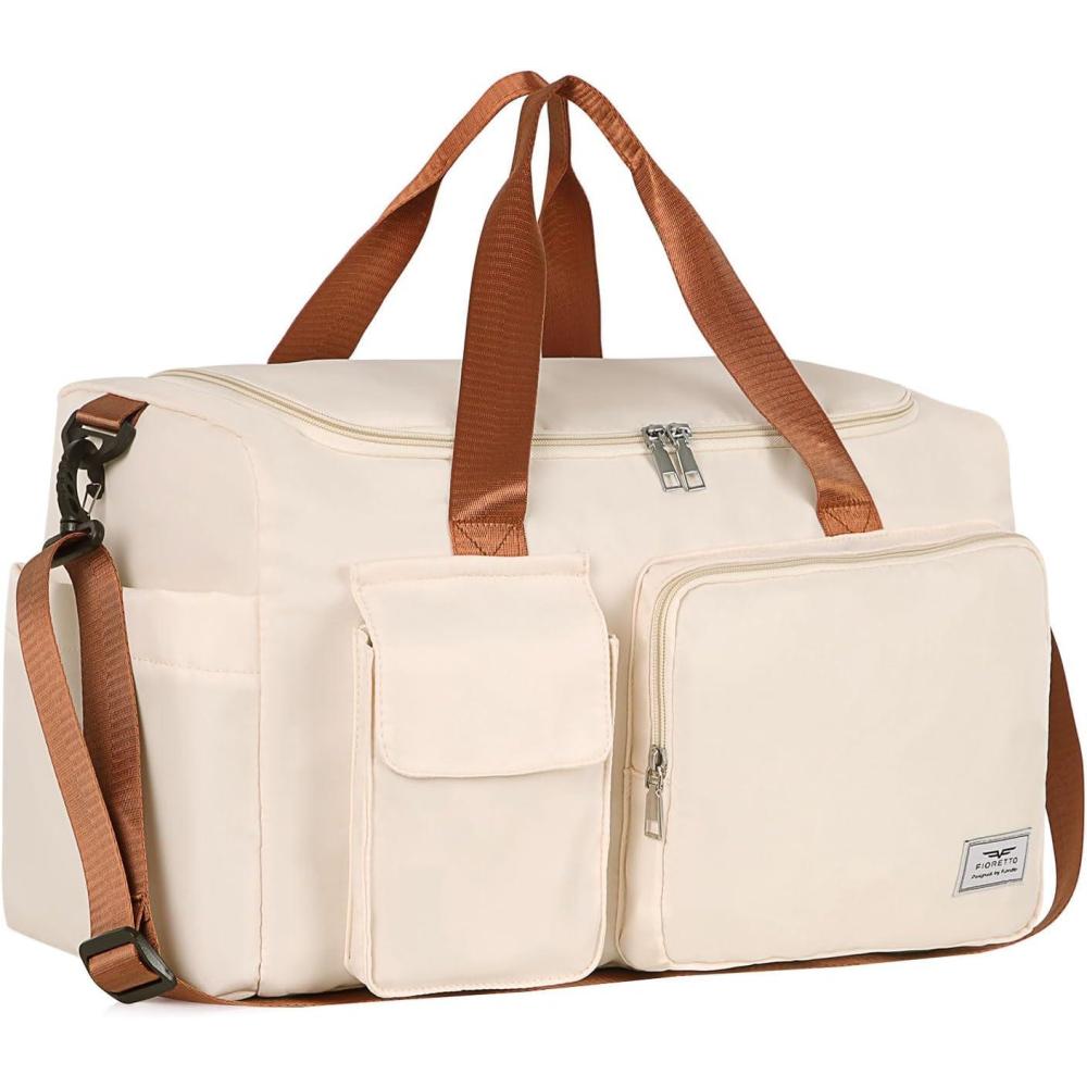 imageFIORETTO Womens Gym Duffle Bag with Shoes Compartment 37L Capacity Ideal for Travel Gym Sports Duffel WeekenderBeige Brown