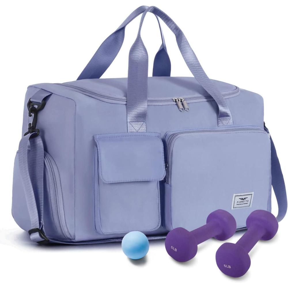 imageFIORETTO Womens Gym Duffle Bag with Shoes Compartment 37L Capacity Ideal for Travel Gym Sports Duffel WeekenderGrayish Blue