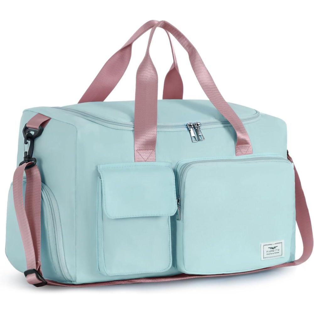 imageFIORETTO Womens Gym Duffle Bag with Shoes Compartment 37L Capacity Ideal for Travel Gym Sports Duffel WeekenderGreen  Pink