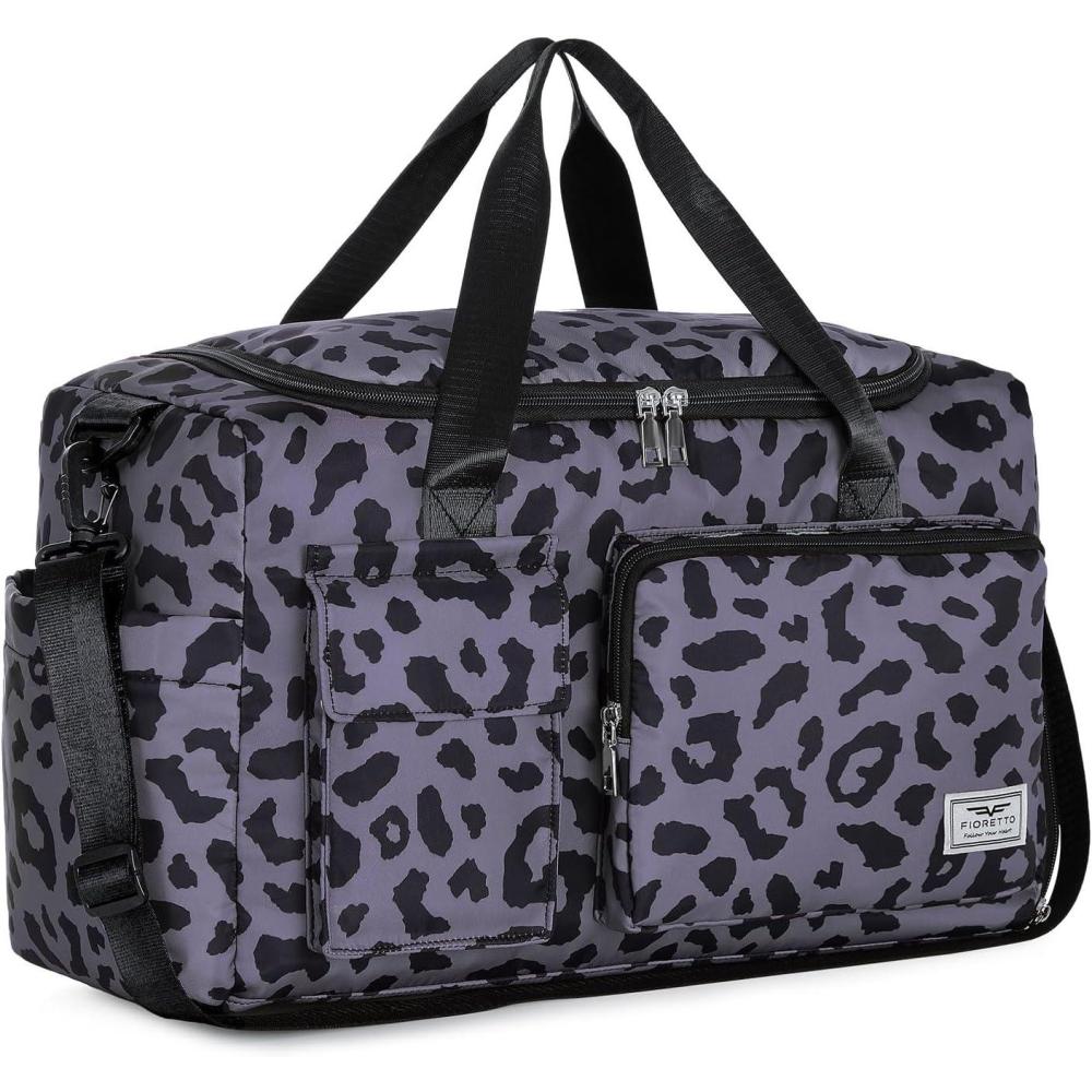 imageFIORETTO Womens Gym Duffle Bag with Shoes Compartment 37L Capacity Ideal for Travel Gym Sports Duffel WeekenderLeopard Grey