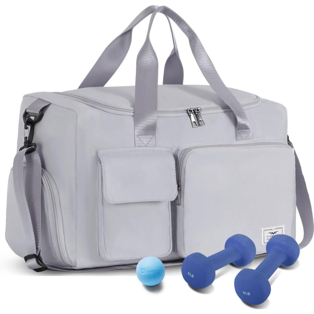 imageFIORETTO Womens Gym Duffle Bag with Shoes Compartment 37L Capacity Ideal for Travel Gym Sports Duffel WeekenderLight Grey