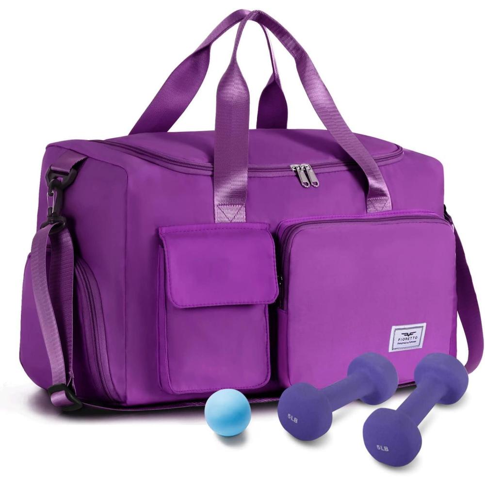 imageFIORETTO Womens Gym Duffle Bag with Shoes Compartment 37L Capacity Ideal for Travel Gym Sports Duffel WeekenderViolet