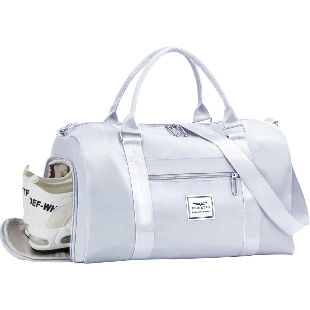 imageFIORETTO Womens Gym Tote Duffle Bag with Toiletry Bag Sports Duffel Overnight Hospital Workout Carry on Bag for Girls with Wet Pocket ampamp Shoe Compartment Ideal for Travel Swimming Dance PurpleGrey