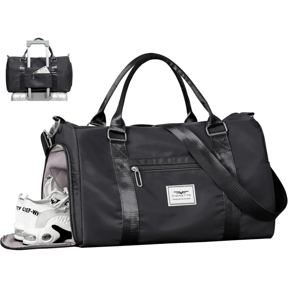 imageFIORETTO Womens Gym Tote Duffle Bag with Toiletry Bag Sports Duffel Overnight Hospital Workout Carry on Bag for Girls with Wet Pocket ampamp Shoe Compartment Ideal for Travel Swimming Dance PurpleBlack