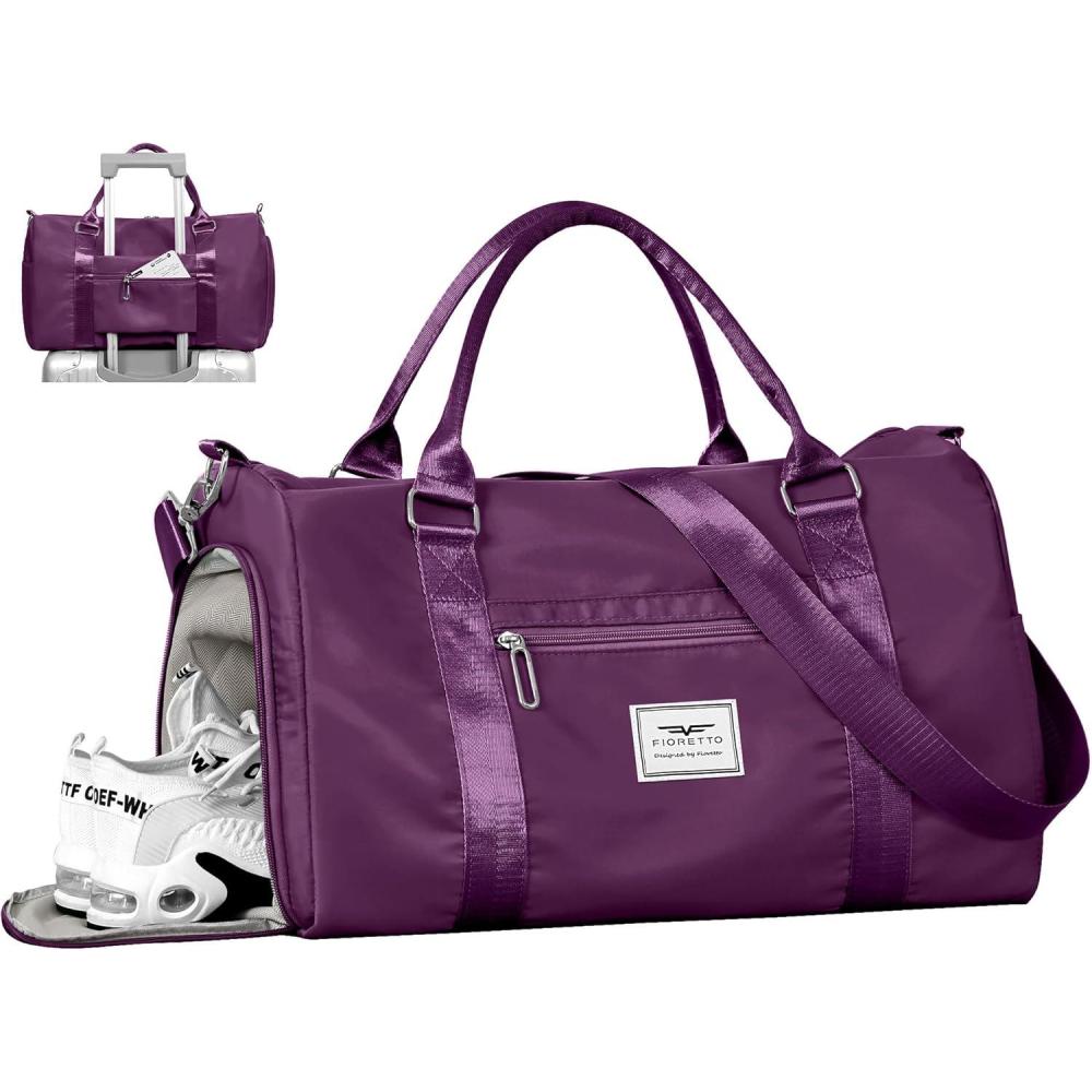 imageFIORETTO Womens Gym Tote Duffle Bag with Toiletry Bag Sports Duffel Overnight Hospital Workout Carry on Bag for Girls with Wet Pocket ampamp Shoe Compartment Ideal for Travel Swimming Dance PurpleDark Purple