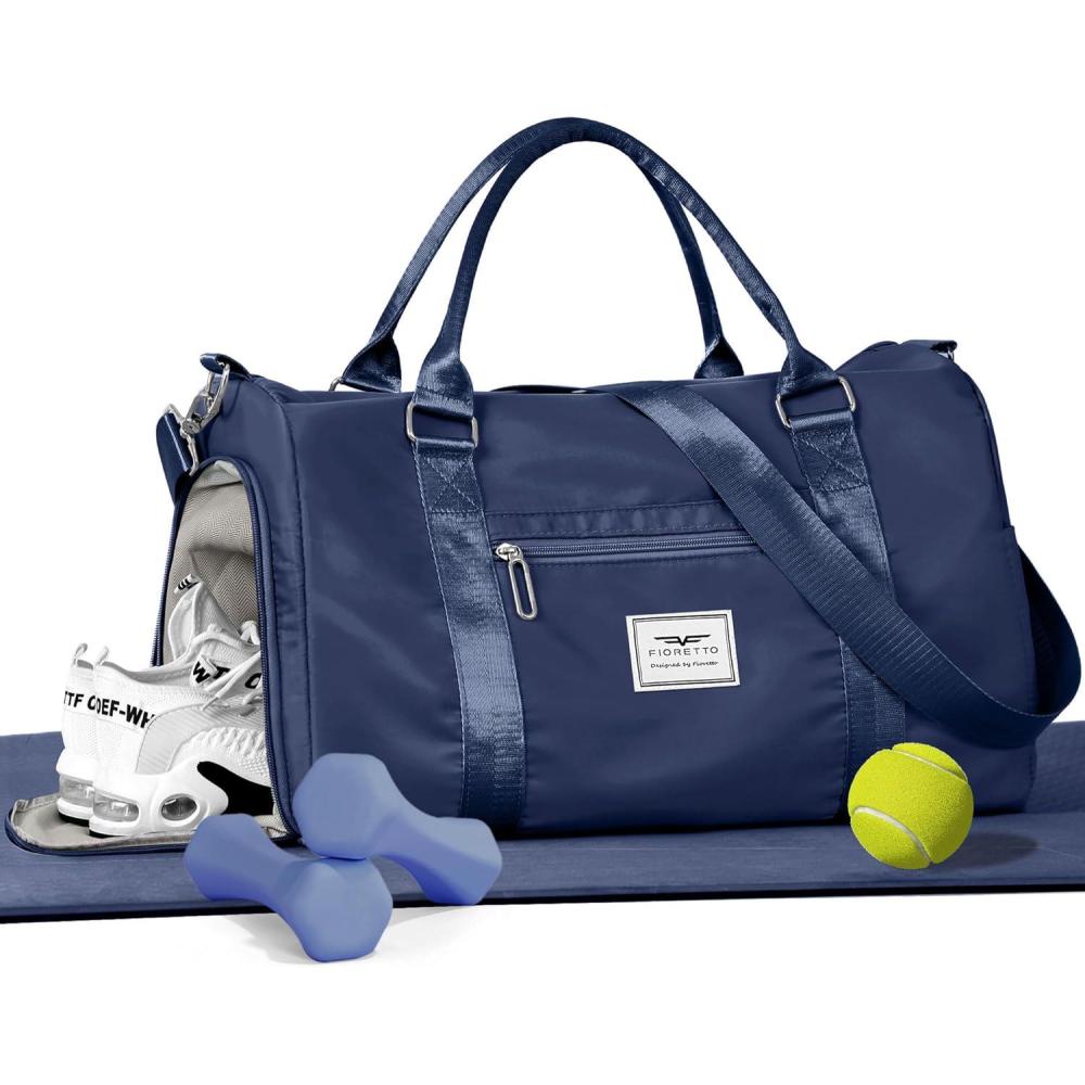 imageFIORETTO Womens Gym Tote Duffle Bag with Toiletry Bag Sports Duffel Overnight Hospital Workout Carry on Bag for Girls with Wet Pocket ampamp Shoe Compartment Ideal for Travel Swimming Dance PurpleNavy