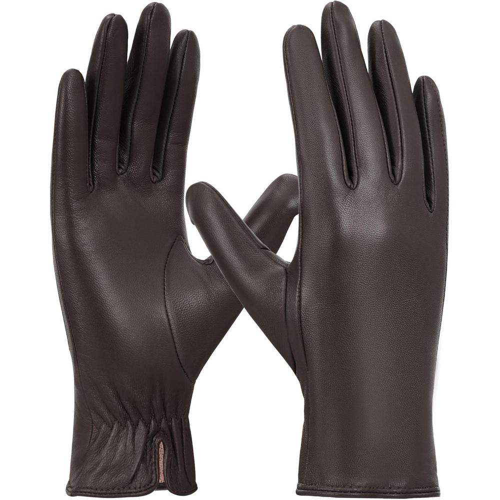 imageFIORETTO Womens Leather Gloves Winter Touchscreen Warm WoolFleece Lined Sheepskin Driving Gloves ChromeFree W24004Brown