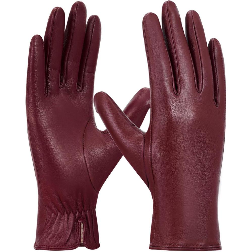 imageFIORETTO Womens Leather Gloves Winter Touchscreen Warm WoolFleece Lined Sheepskin Driving Gloves ChromeFree W24004Burgundy