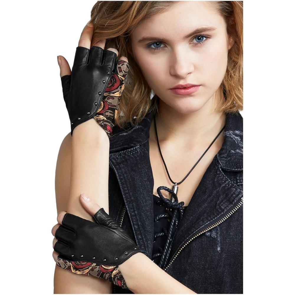 imageFIORETTO Womens Punk Fingerless Leather Gloves for Driving Motorcycle Unlined Half Finger Sheepskin W180416Blackred