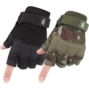 FIORETTO Fingerless Gloves, Half Finger Gloves for Driving, Cycling, Shooting, Hunting, Motorcycle, Climbing, Outdoor Work 215801(2 Pairs(Black+Green Camo))