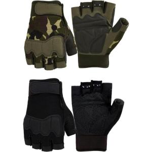 FIORETTO Fingerless Gloves for Airsoft Shooting Half Finger Hunting Hiking Cycling Driving Motorcycle Climbing Work Gloves M210603(2 Pairs(Black+Green Camo))