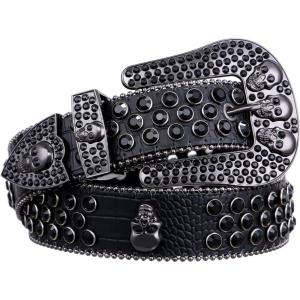 FIORETTO Men Women Rhinestone Belt Bling Western Studded Leather Belt Shining Diamond Cowgirl Cowboy Waist Belt for Jeans(04 Skull-black)