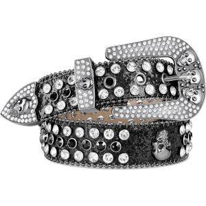 FIORETTO Men Women Rhinestone Belt Bling Western Studded Leather Belt Shining Diamond Cowgirl Cowboy Waist Belt for Jeans(04 Skull-black&silver)