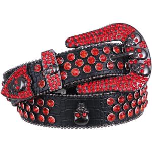 FIORETTO Men Women Rhinestone Belt Bling Western Studded Leather Belt Shining Diamond Cowgirl Cowboy Waist Belt for Jeans(04 Skull-red)