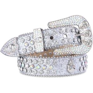 FIORETTO Men Women Rhinestone Belt Bling Western Studded Leather Belt Shining Diamond Cowgirl Cowboy Waist Belt for Jeans(04 Skull-silver)